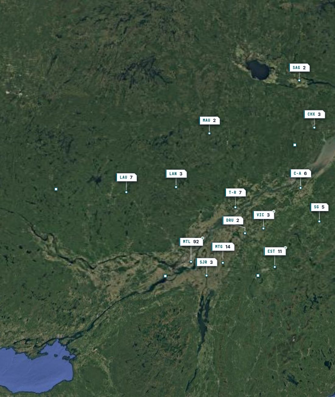 Map of Québec: every market carries a tag with its location and its number of businesses for sale